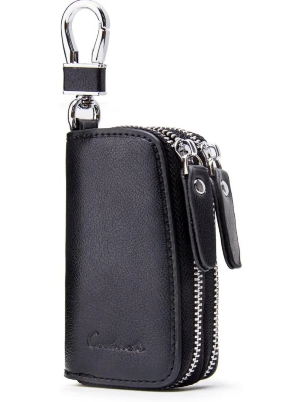 Stylish Small Leather Double Zipper Key Holder Case with 4 Keyrings - Key